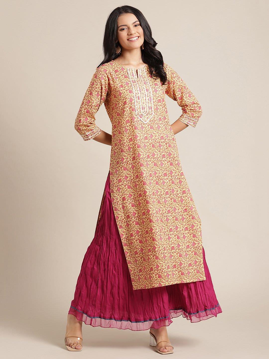 Yellow And Pink Floral Printed Straight Kurta With Round Neck And Gota Work - Indiakreations