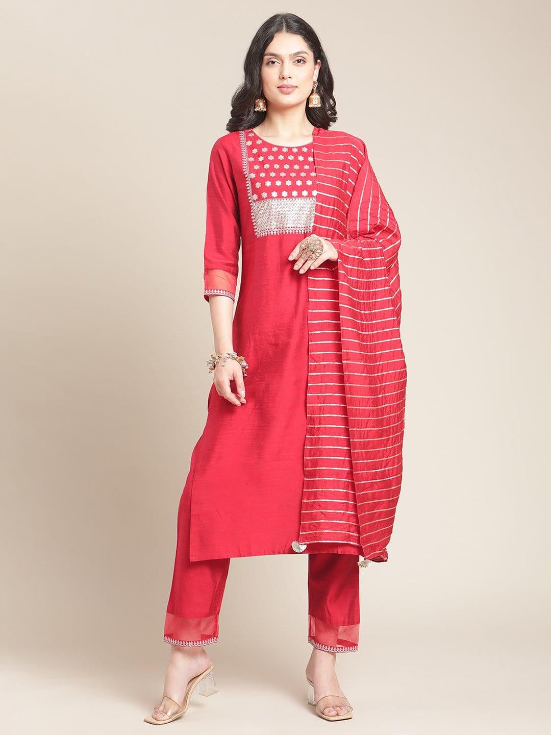 Red Sequins Embroidery Kurta Set With Red And Golden Silk Dupatta - Indiakreations