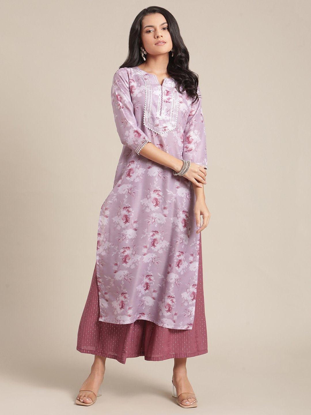 Mauve Floral Printed And Gota Embellished Yoke And Sleeves Kurta - Indiakreations