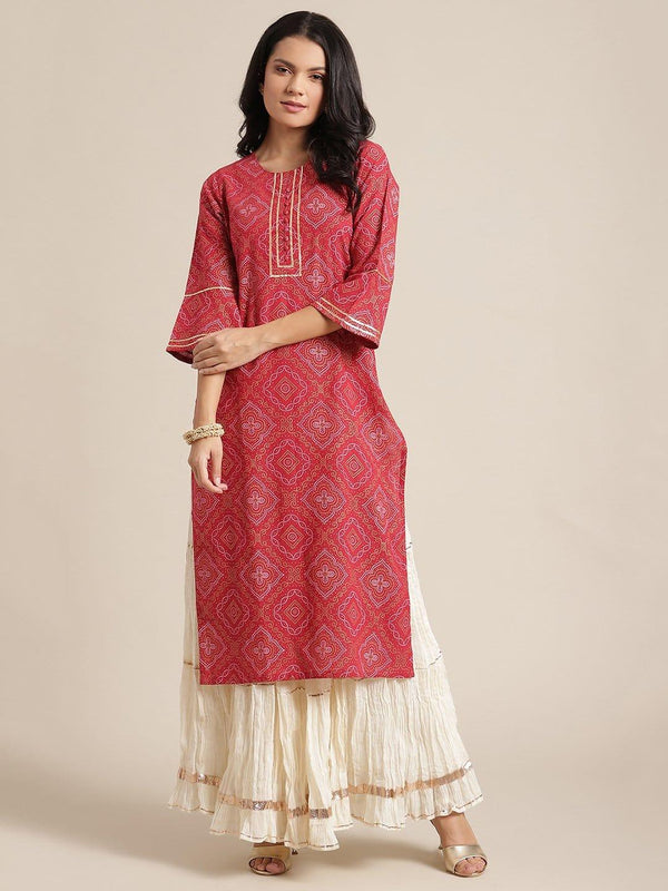 KSUT Red Bandhani Printed Kurta With Gota Work Embellishment On Yoke And Sleeves - Indiakreations