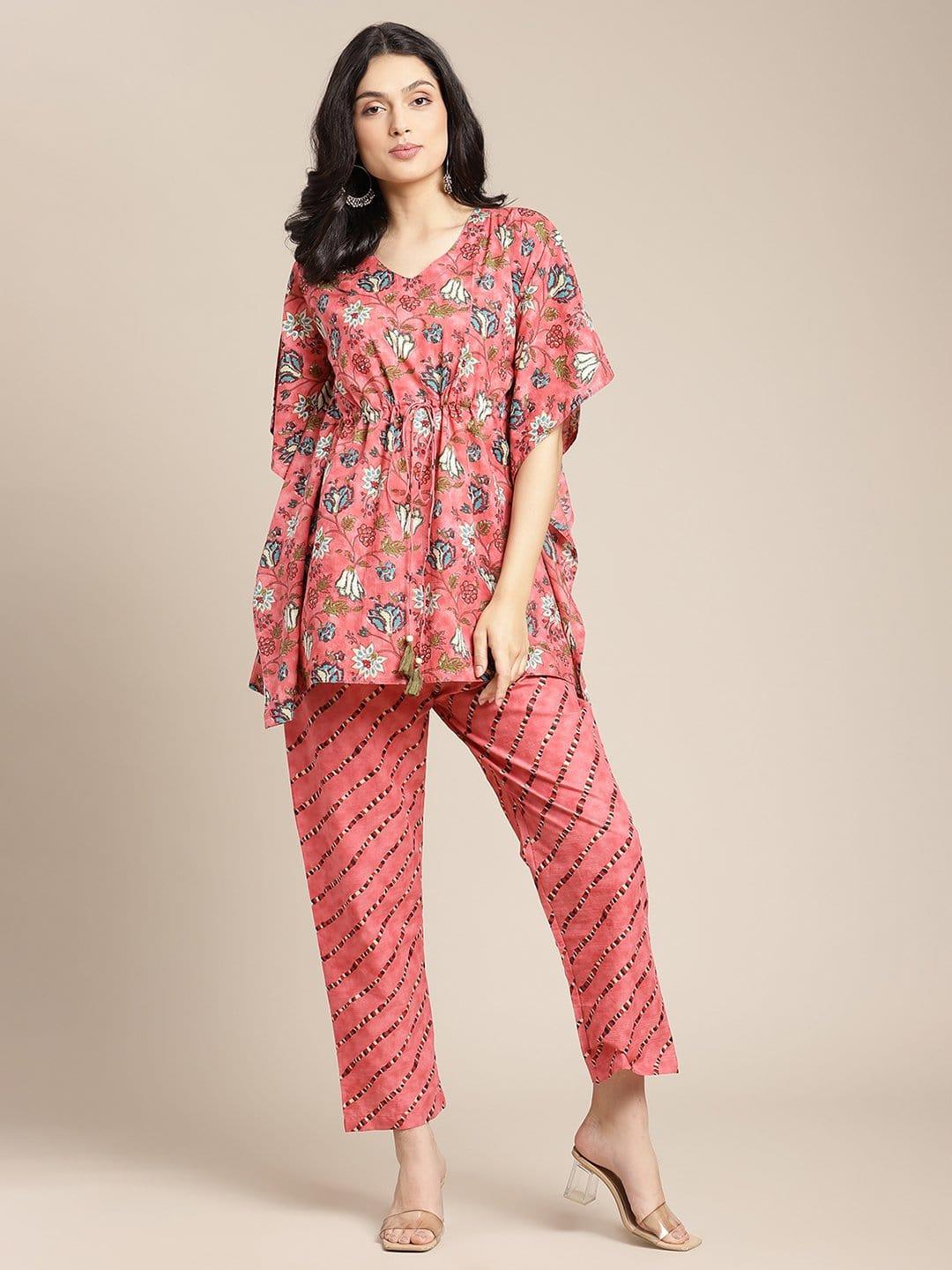 Peach And Blue Floral Printed Kaftan With Straight Pants - Indiakreations