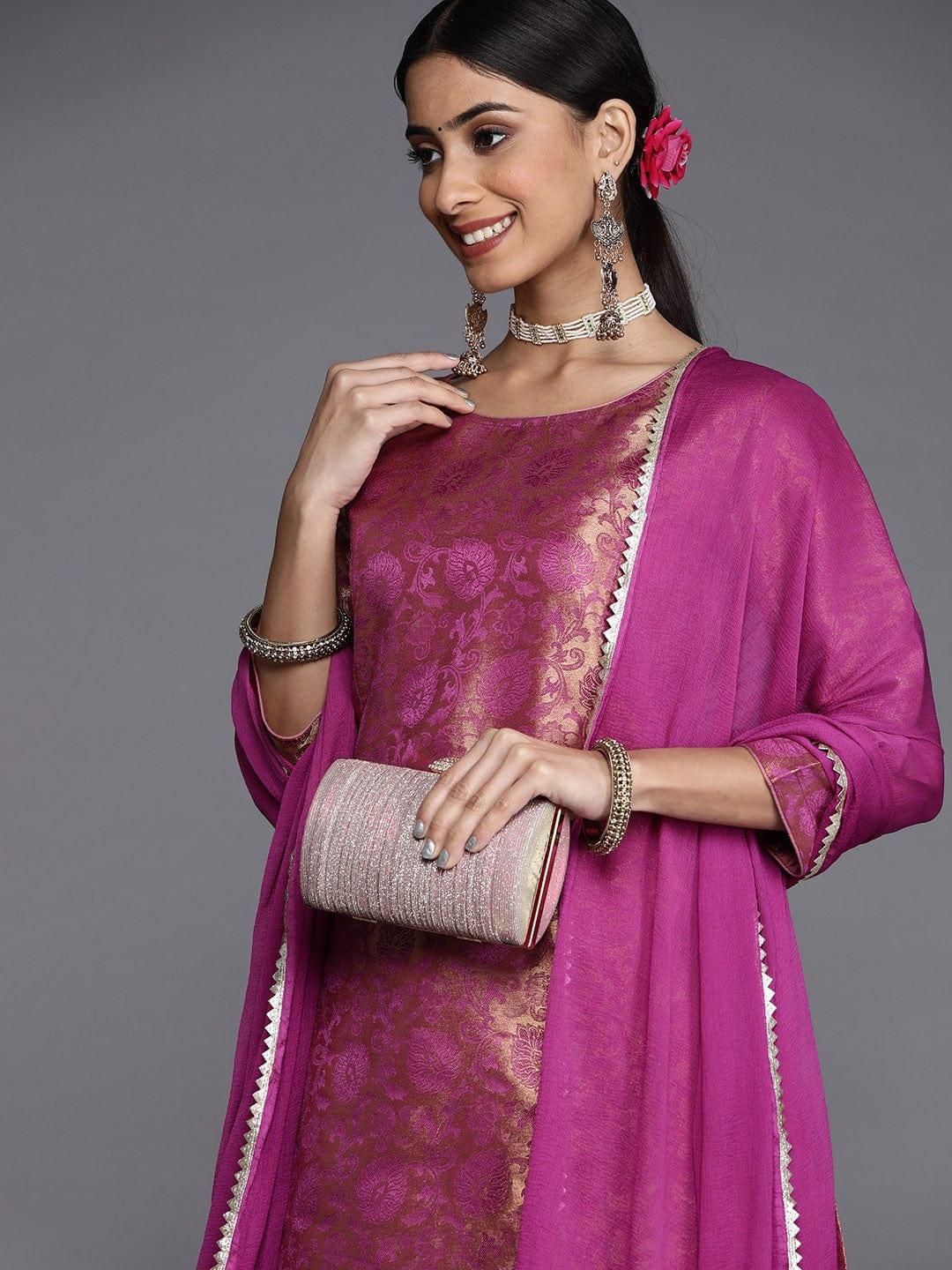 Varanga Women Magenta Ethnic Motifs Kurta with Trousers & With Dupatta - Indiakreations