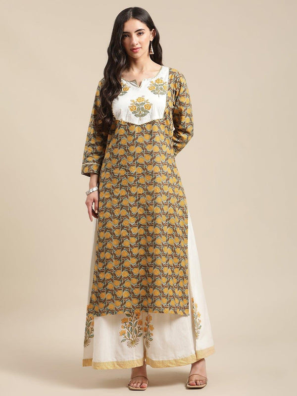 Mustard And Olive Floral Printed Straight Kurta With Gota Embellishmanet On Yoke - Indiakreations