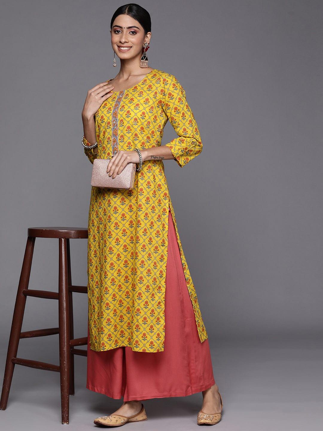 Varanga Women Yellow & Pink Ethnic Motifs Printed Sequin Cotton Kurta - Indiakreations