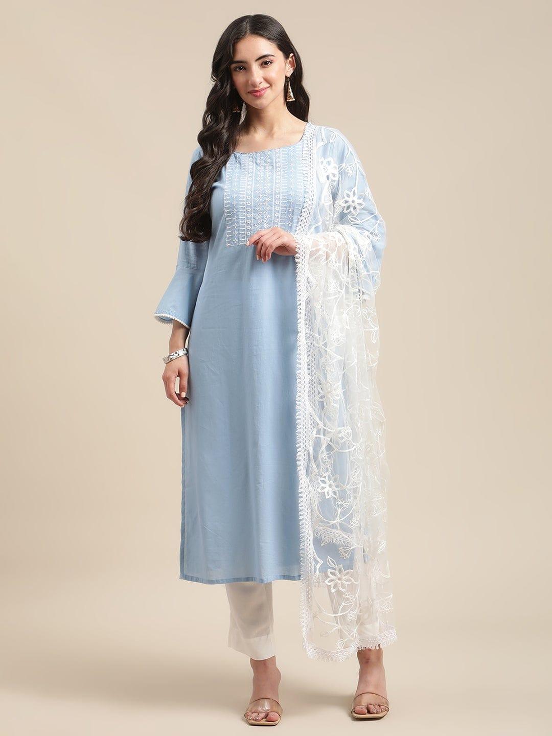 Blue Yoke Embroidered Kurta Set With Aari Embroidered Dupatta - Indiakreations