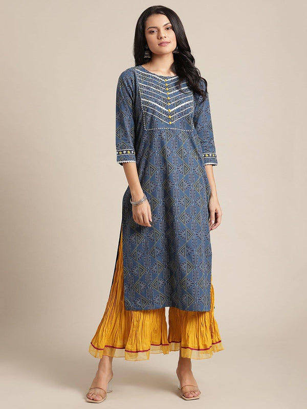 Navy Blue Printed Gota Embellished Kurta With Mustard Crushed Organza Embellished Palazzo - Indiakreations