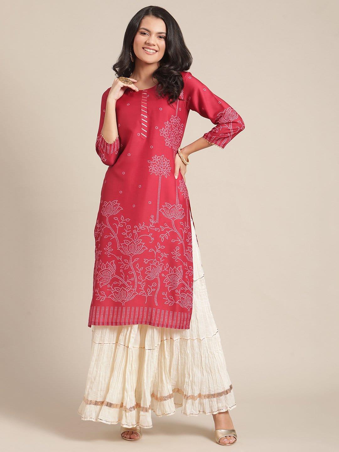 Silk Red Bandhani Printed Kurta With Gota Embellished Yoke And Sleeves - Indiakreations