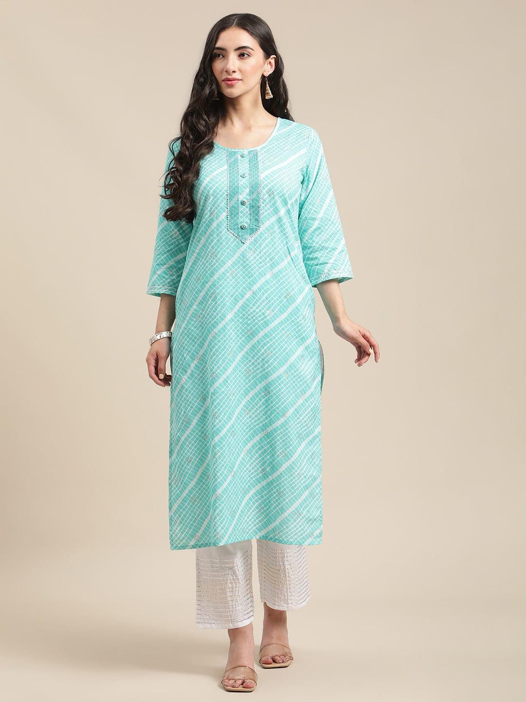 Blue Leheriya printed thread work embellished Kurta with white gota work trouser - Indiakreations