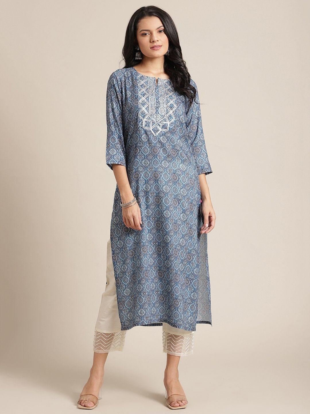 Blue Printed Kurta With Gota Embellishment On Yoke And 3/4Th Sleeves - Indiakreations