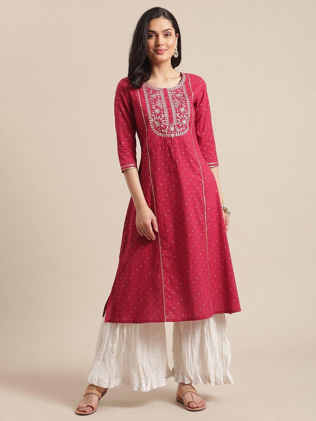 Magenta Zari Embroidery A Line Kurta With Off White Crushed Gota Palazzo - Indiakreations