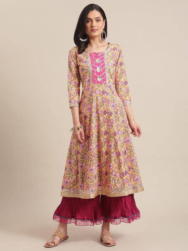 Yellow And Pink Floral Printed Flared Anarkali Kurta With Round Neck And Regular Sleeve - Indiakreations