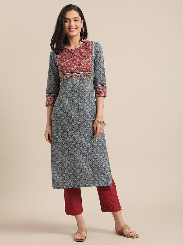 Blue And Maroon Printed Round Neck Straight Kurta With Contrast Printed Yoke And 3/4Th Regular Sleeves - Indiakreations