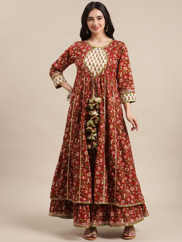 Women's Brown Floral Printed Front Open Anarkali Kurta Sharara Set - Varanga