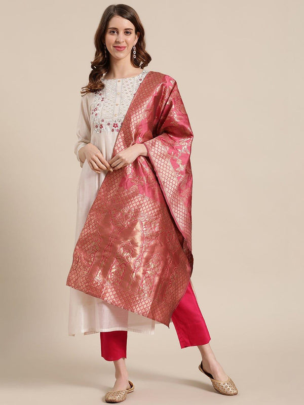 Off White And Pink Floral Embroidery Yoke With Pink Silk Trouser And Banarasi Dupatta - Indiakreations