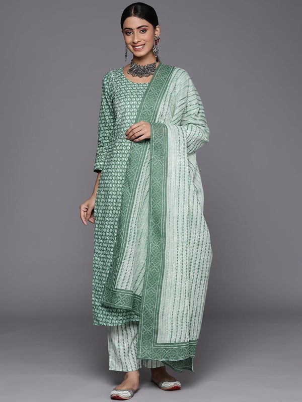 Varanga Women Green Floral Printed Pure Cotton Kurta with Trousers & With Dupatta - Indiakreations