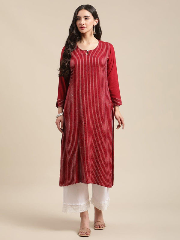 Maroon Thread And Sequins Embroidered Straight Kurta - Indiakreations