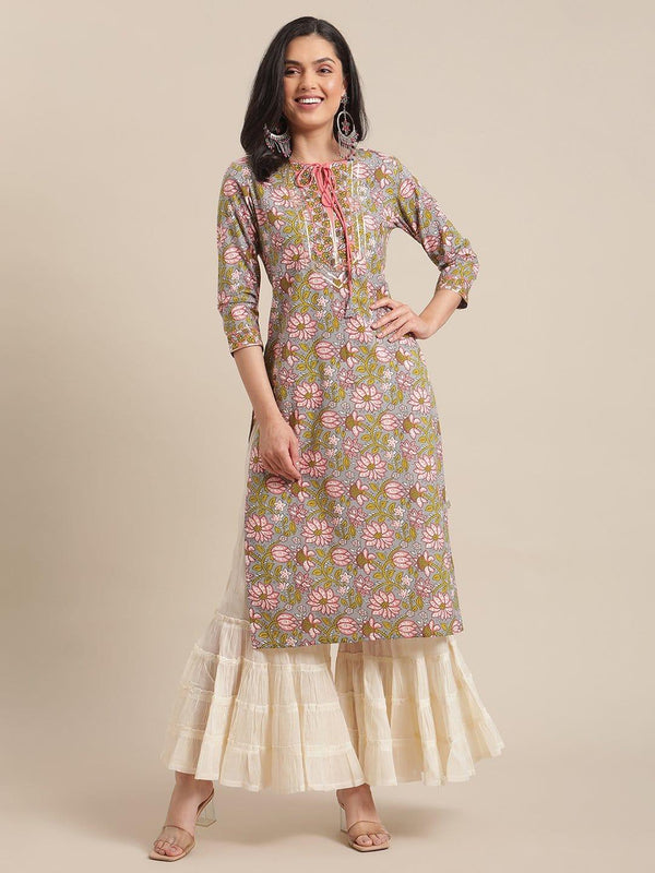 Grey And Peach Floral Printed Gota Work Straight Kurta With 3/4Th Sleeves - Indiakreations