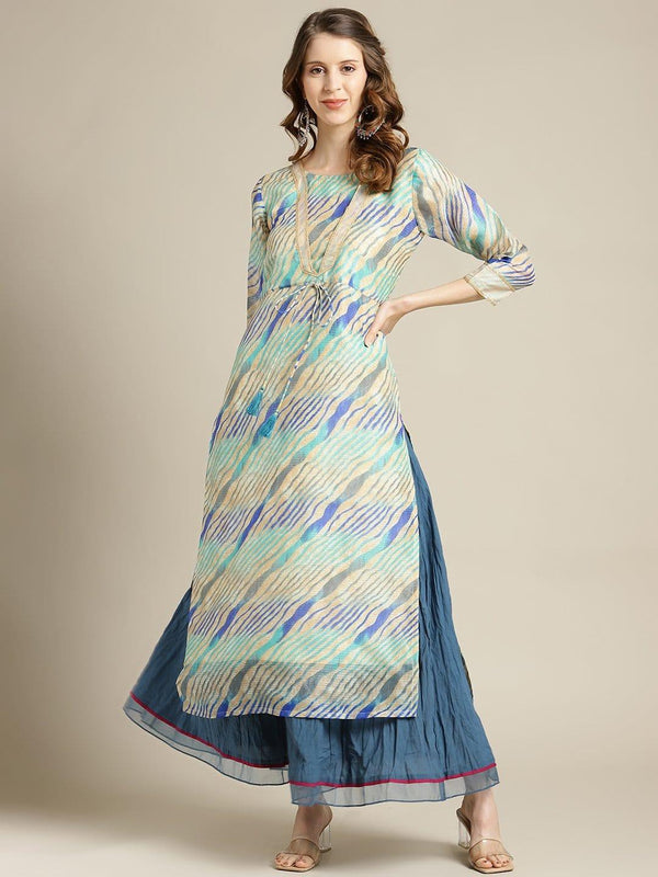 Teal And Beige Leheriya gota embellished Kurta with teal crushed organza palazzo - Indiakreations