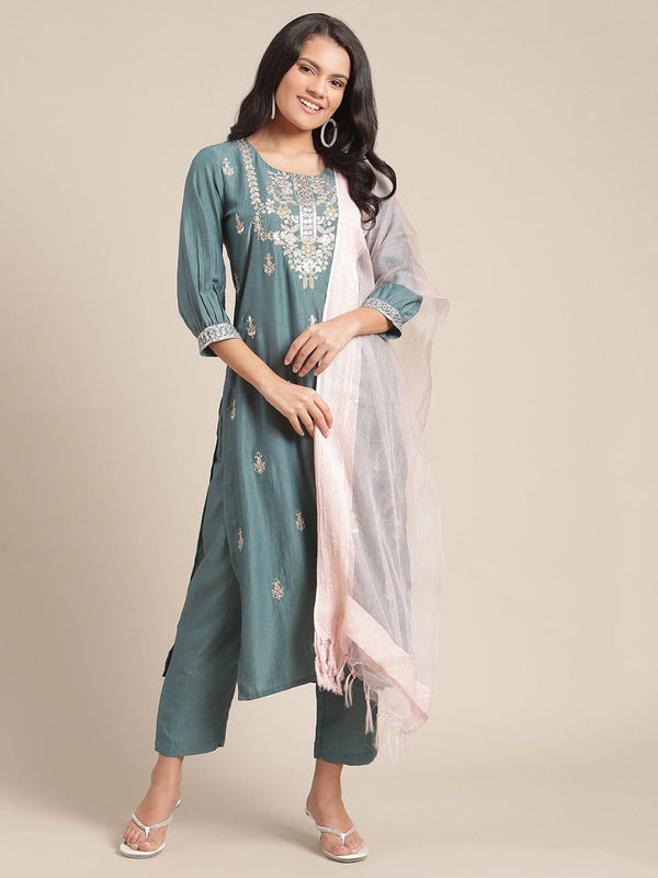 Teal Kurta With Yoke And Overall Buta Embroidery , Paired With Trouser And Pink Dupatta - Indiakreations