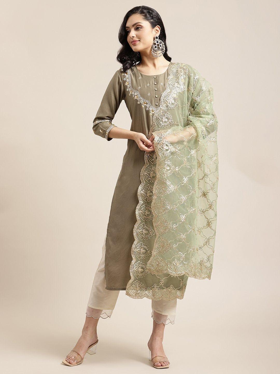 Olive Round Neck Kurta With Yoke And Sleeve Embroidery And Paired With Off-White Trouser Having Organza Scalloped Hem And Heavy Gota Embroidered Dupatta - Indiakreations