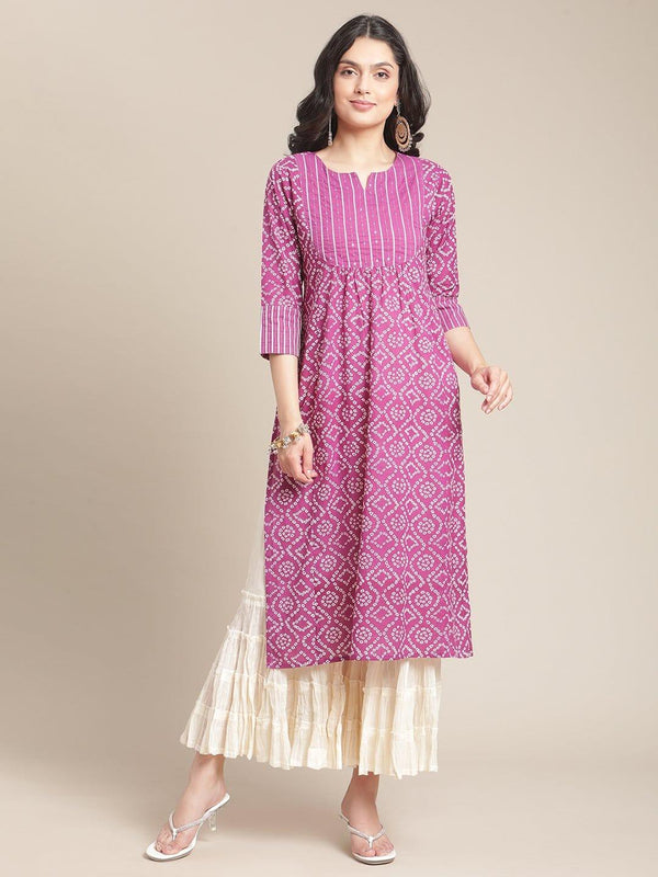 Mauve And Off White Bandhej Printed Kurta With Sequins And Gota Work Embellishment On Yoke - Indiakreations