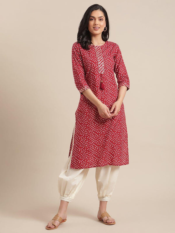 Red Bandhej Kurta With Gota Embellished Placket And 3/4Th Sleeves - Indiakreations