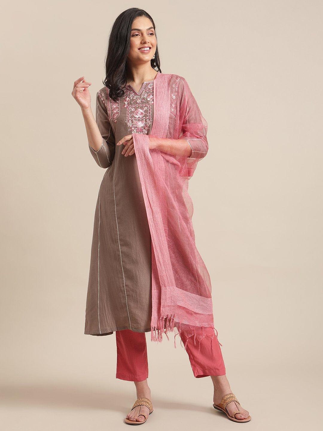 Beige And Pink Colour Thread Embroidred Flared Kurta With Straight Pant And Regular Sleeves And Paired With Contrast Dupatta - Indiakreations