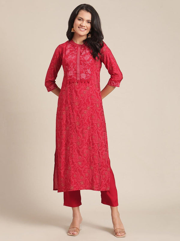 Red Printed Kurta Trouser Set With Thread Embroidery On Yoke - Indiakreations