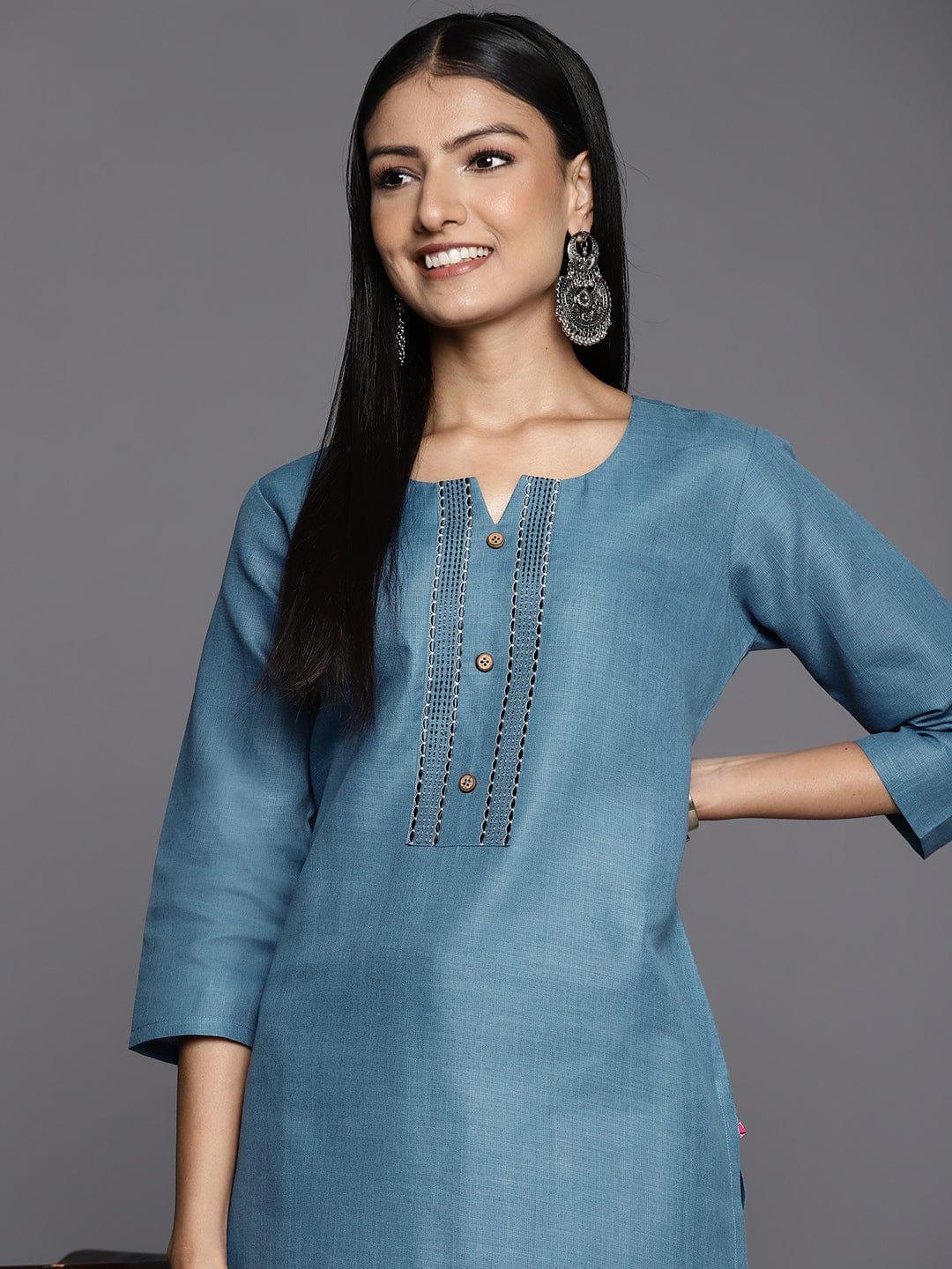 Varanga Women Blue Yoke Design Thread Work Kurta - Indiakreations