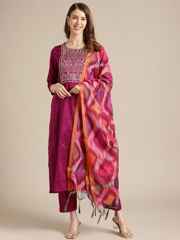 Magenta Floral Zari Embroidery Kurta Trouser Set With Art Silk Dupatta - Indiakreations