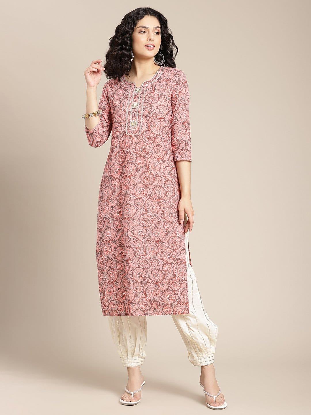 Peach And Grey Floral Printed Kurta With Round Neckline And Having Gota Work - Indiakreations