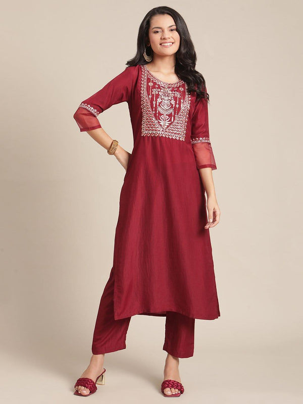 Maroon Embroidred Yoke Straight Kurta With Round Neck And Sleeve With Orgaza,Paired With Trouser - Indiakreations