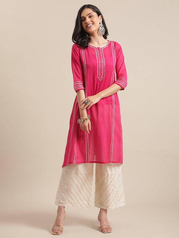 Fuchsia Gota Embellished Kurta With Off White Gota Embellished Palazzo - Indiakreations