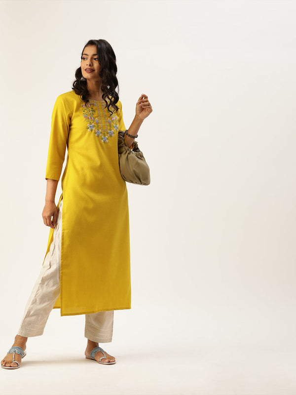 Women's Mustard Yellow Floral Yoke Embroidered Straight Kurta - Varanga