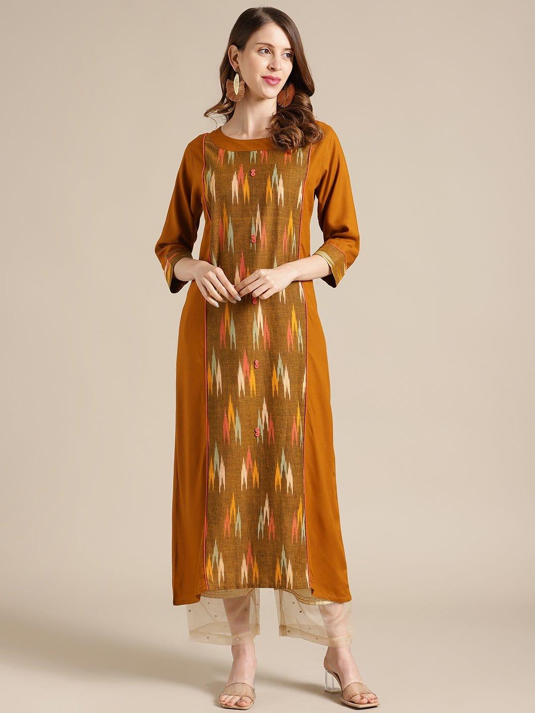 KSUT Mustard And Multi Color Ikat Woven Kurta With 3/4Th Sleeves - Indiakreations