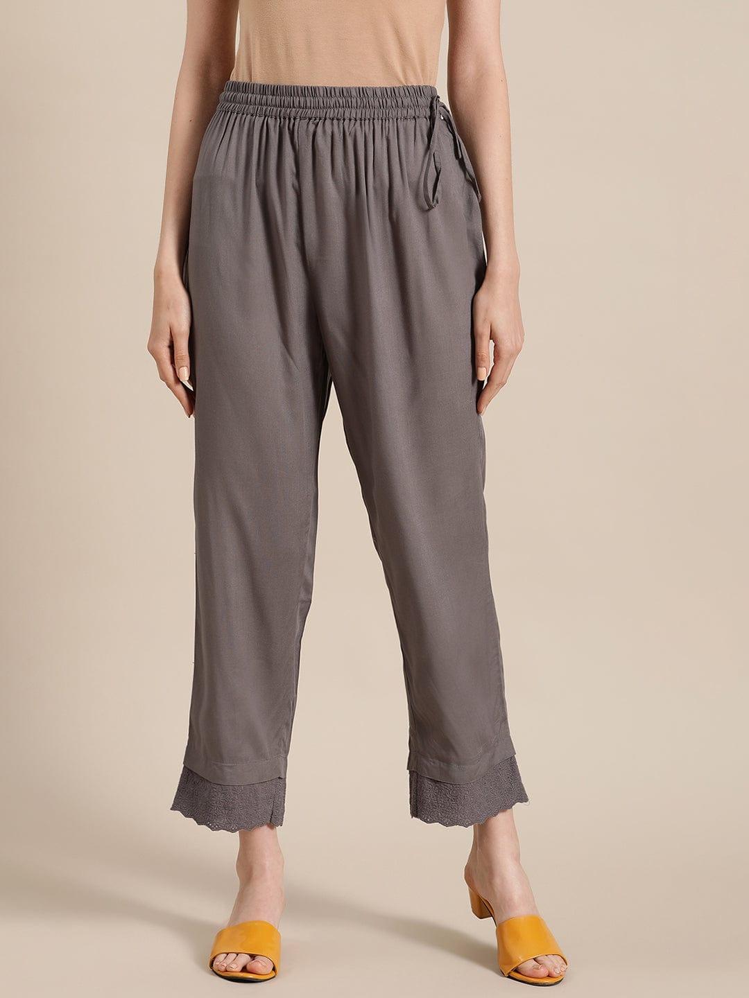 Varanga Women Grey Solid Cropped Trousers - Indiakreations