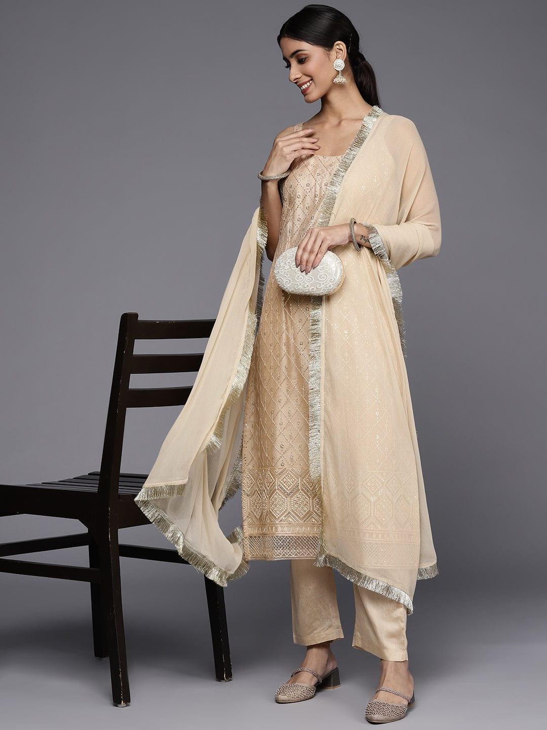 Varanga Women Beige Sequinned Kurta with Trousers & With Dupatta - Indiakreations