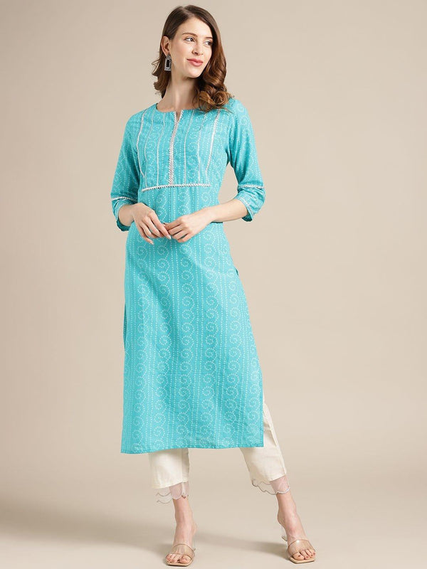 Blue And Off White Bandhej Printed Kurta With Gota Laces On Yoke And Sleeves - Indiakreations