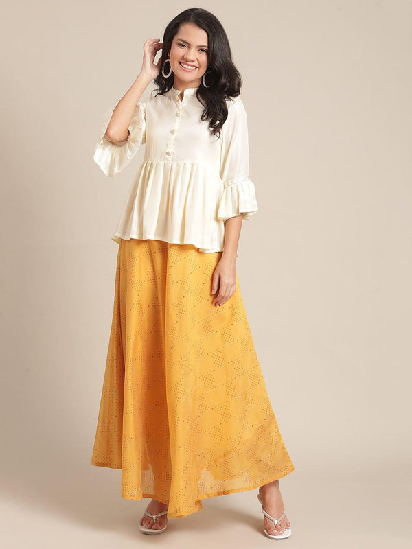 Cream Embellished Peplum Top With Mustard Printed Flared Skirt - Indiakreations