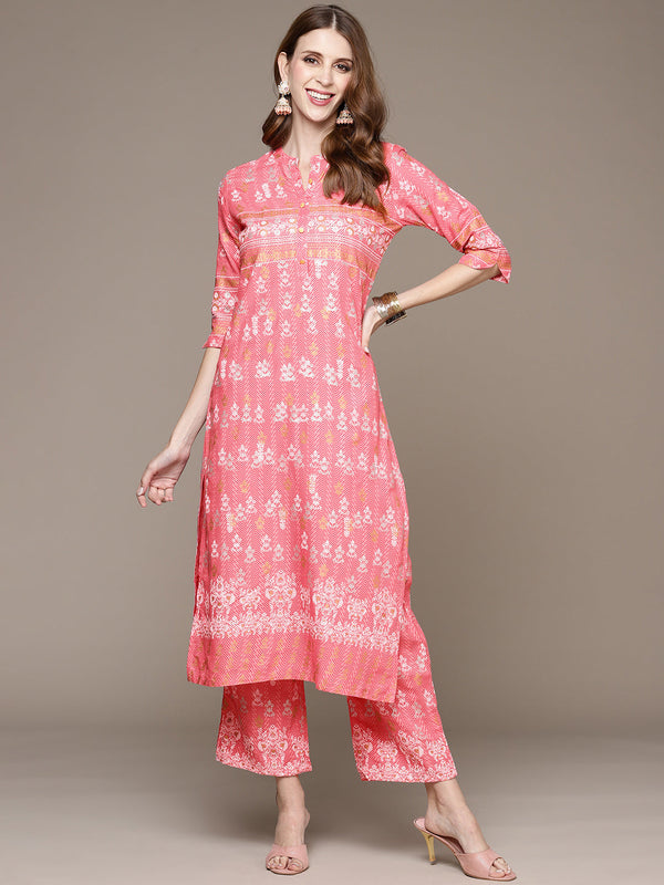 Women's Pink Printed Kurta Set With Trousers - Anubhutee