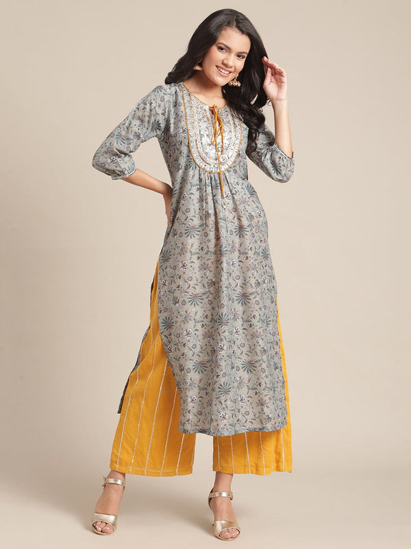 Women's Grey Printed And Gota Patti Embroidered Kurta With 3/4Th Sleeves - Varanga