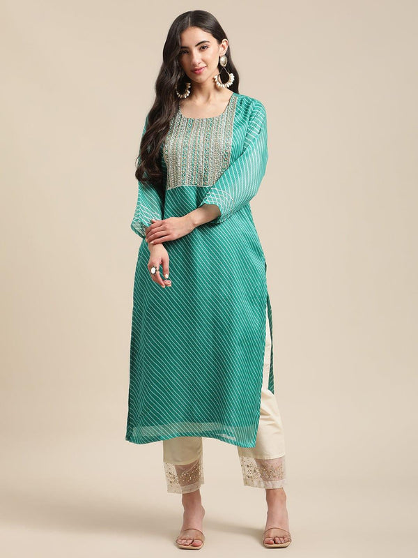 Turquoise Blue Yoke Embroidered Straight Leheriya Kurta - Indiakreations