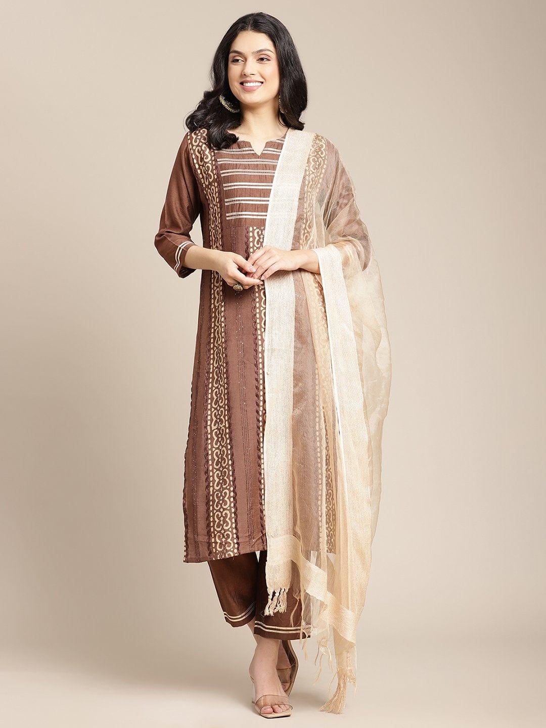 Batik Printed Brown And Beige Kurta With Yoke Highlighted And Paired With Straight Pant And Dupatta - Indiakreations