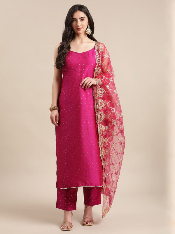 Women's Pink And Gold Polka Dot Strap Kurta Set With Dupatta - Varanga