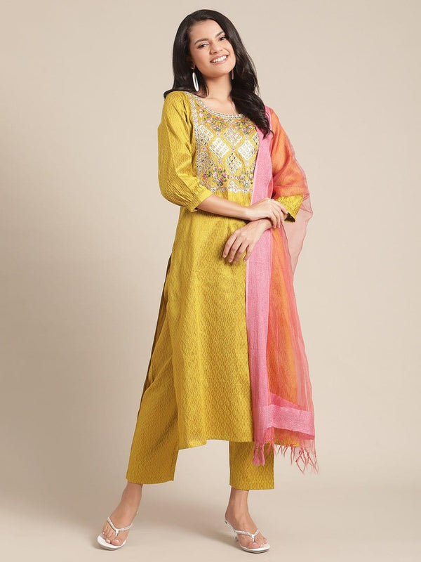 Mustard Gota Patti Embroidery Kurta Trouser Set With Silk Dupatta - Indiakreations