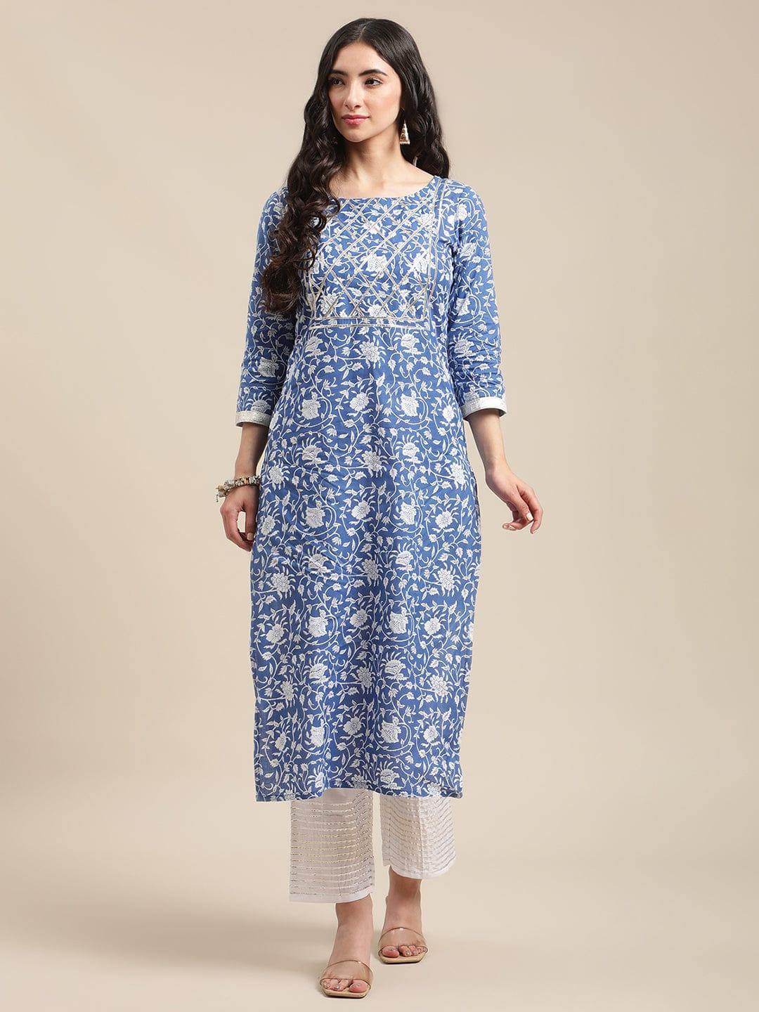 Blue and White Floral Gota Embellished Kurta with white gota work Trouser - Indiakreations