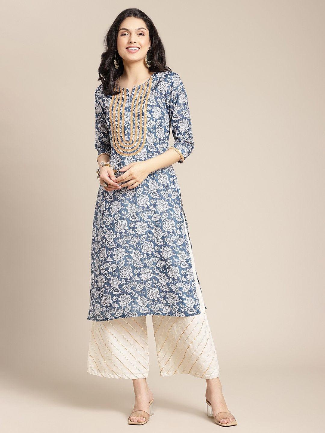 Blue And Off White Floral Printed Kurta With Lace Embellishment On Yoke - Indiakreations