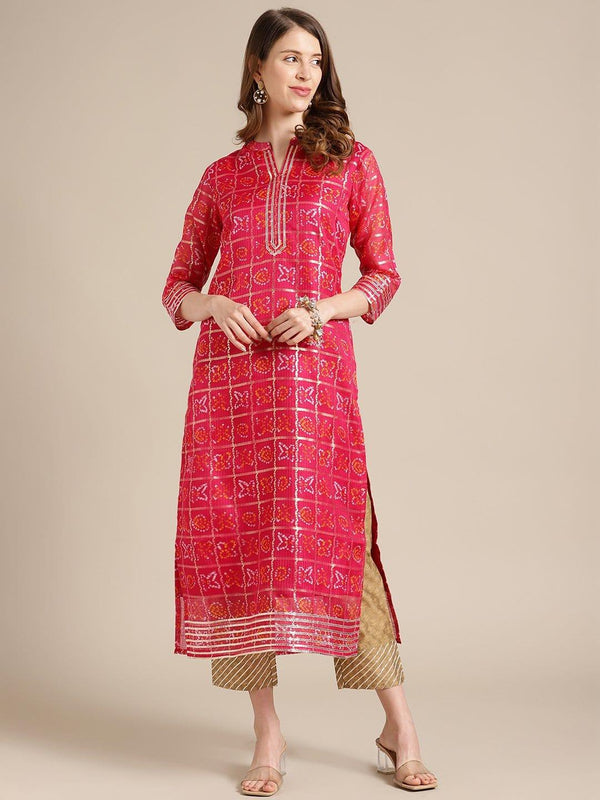 Pink And Gold Bandhej Kurta With Gota Embellishment On Yoke And Sleeves - Indiakreations