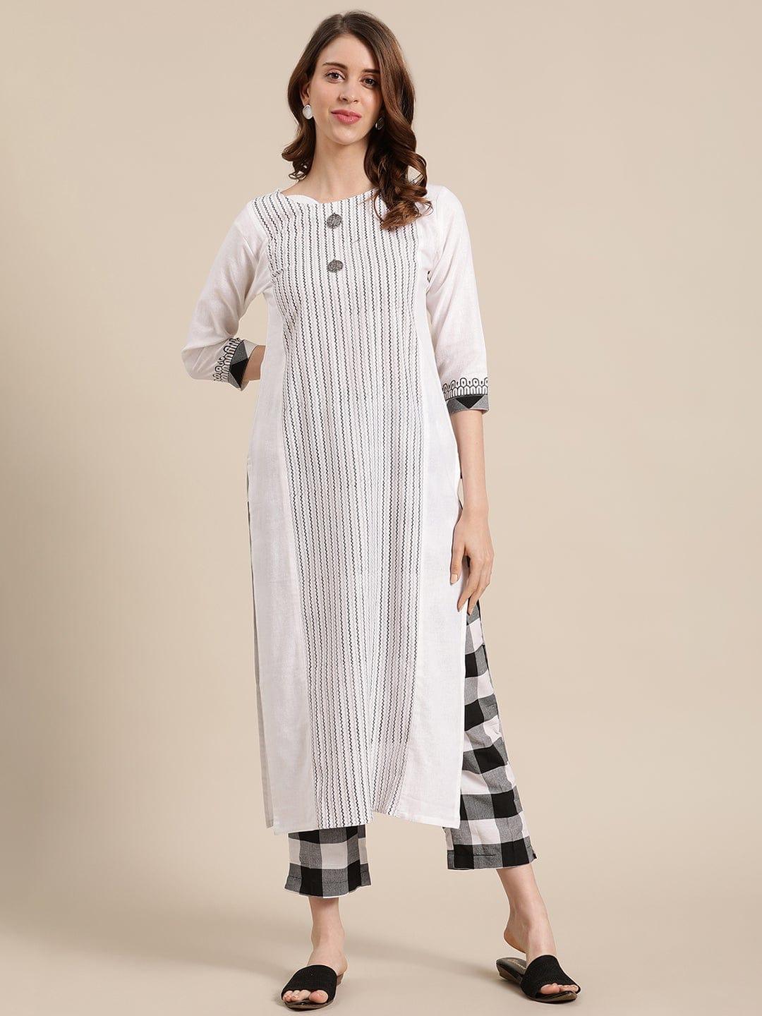 KSUT Off White & Black Striped Panelled Straight Kurta with Trousers - Indiakreations