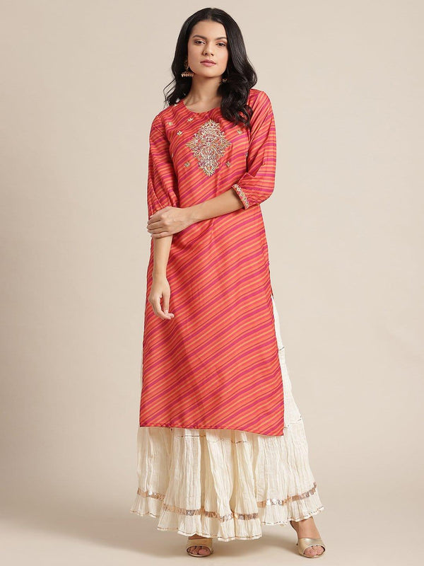 KSUT Ksut Orange Leheriya Kurta With Gota Patti,Zari And Silk Threads Embroidery On Yoke - Indiakreations